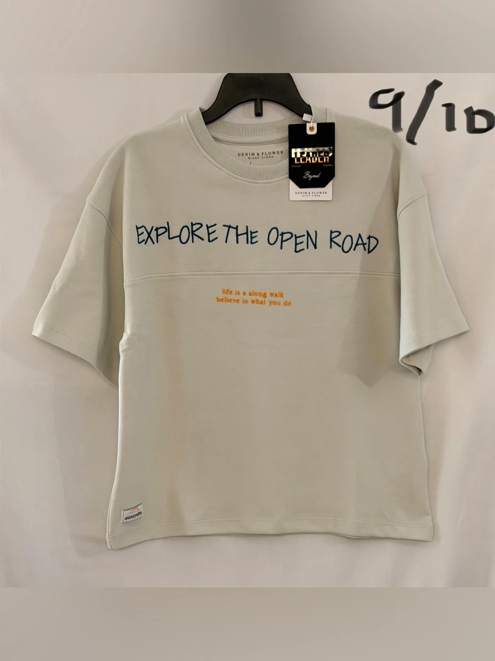 Denim & Flower Sage Green Tee with Navy and Mustard Text
